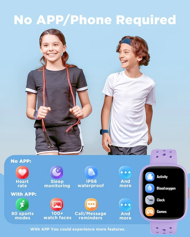 Alt view image 2 of 7 - Kids Smart Watch No Phone Needed, 1.8" Fitness Tracker Watch Pedometer, Heart Rate, Sleep Monitor, IP68 Waterproof, Step Counter, Puzzle Games for Girls Teens 5-16, Lilac