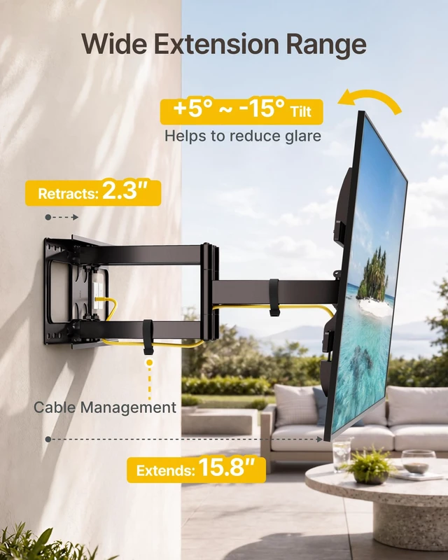Alt view image 7 of 7 - Outdoor Full Motion TV Wall Mount for 37-86 Inch TVs, Holds 132 lbs Weatherproof Bracket for Patio and Gazebo, 96H Salt Spray Tested, Stainless Steel Hardware, ±60° Swivel, VESA 600x400mm