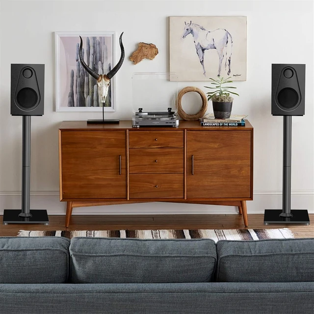 Alt view image 2 of 7 - Universal Floor Speaker Stands for Surround Sound up to 22 lbs Bookshelf Speaker Stand 27.56, 45° adjustable top plate, tool-free assembly, cable management, rubber isolation pads