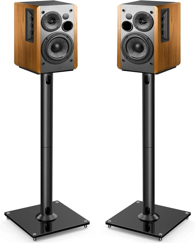 Main image of Universal Floor Speaker Stands for Surround Sound up to 22 lbs Bookshelf Speaker Stand 27.56, 45° adjustable top plate, tool-free assembly, cable management, rubber isolation pads