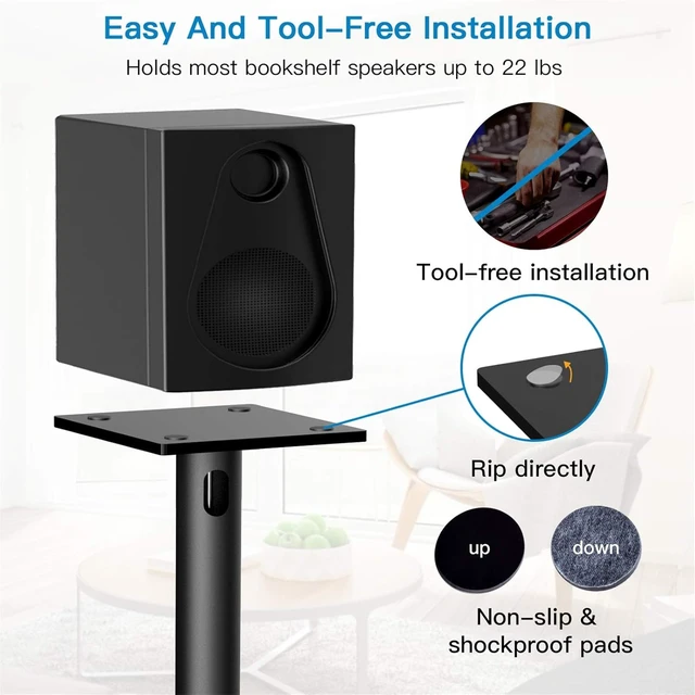 Alt view image 4 of 7 - Universal Floor Speaker Stands for Surround Sound up to 22 lbs Bookshelf Speaker Stand 27.56, 45° adjustable top plate, tool-free assembly, cable management, rubber isolation pads