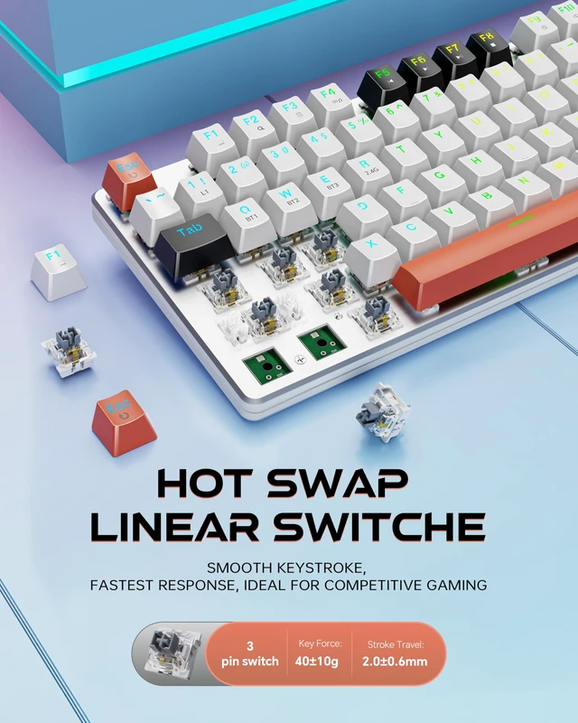 Alt view image 4 of 7 - Wireless Mechanical Gaming Keyboard, Tri Mode BT/2.4G/USB-C Hot Swappable Custom Keyboard, RGB Backlit Computer Gaming Keyboards, PBT Keycaps, Programmable for PC/Tablet,K671WBR-KS