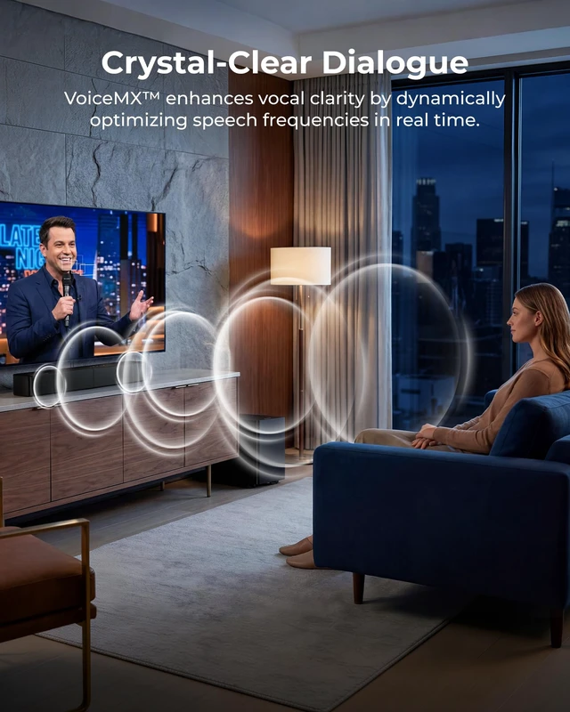 Alt view image 4 of 7 - 2.1 Sound Bar System for TV with Dolby Atmos and Wireless Subwoofer Bluetooth 6.0, 240W Peak, HDMI eARC, VoiceMX Clear Dialogue, BassMX Deep Bass, App Control, TV & Home Theater, Poseidon M40