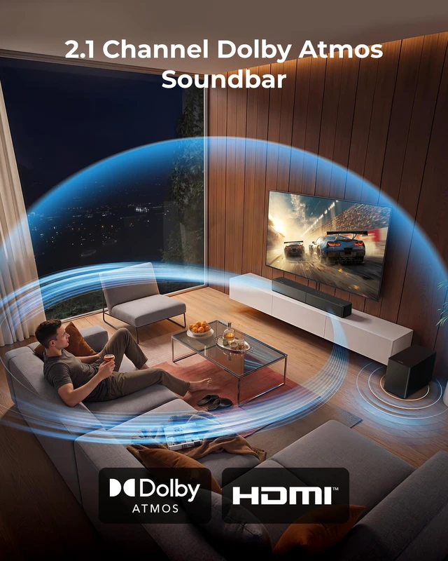 Alt view image 3 of 7 - 2.1 Sound Bar System for TV with Dolby Atmos and Wireless Subwoofer Bluetooth 6.0, 240W Peak, HDMI eARC, VoiceMX Clear Dialogue, BassMX Deep Bass, App Control, TV & Home Theater, Poseidon M40