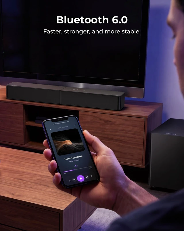 Alt view image 5 of 7 - 2.1 Sound Bar System for TV with Dolby Atmos and Wireless Subwoofer Bluetooth 6.0, 240W Peak, HDMI eARC, VoiceMX Clear Dialogue, BassMX Deep Bass, App Control, TV & Home Theater, Poseidon M40
