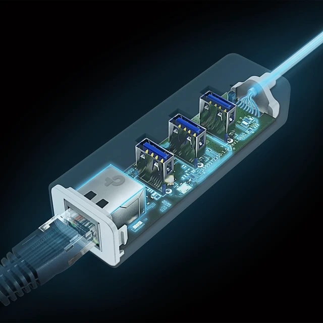 Alt view image 3 of 7 - USB C to Ethernet Adapter, 3-Port USB Hub Laptop Network Adapter 1 Gigabit USB-C 3.0 to RJ45 Ethernet Port Plug & Play Supports Win 7/8/8.1/10/11, Mac OS X (10.9-10.15) (UE330C)