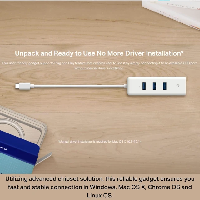 Alt view image 4 of 7 - USB C to Ethernet Adapter, 3-Port USB Hub Laptop Network Adapter 1 Gigabit USB-C 3.0 to RJ45 Ethernet Port Plug & Play Supports Win 7/8/8.1/10/11, Mac OS X (10.9-10.15) (UE330C)