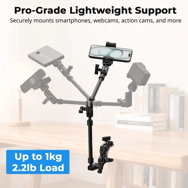 Alt view image 3 of 7 - 26" Magic Arm with Super Clamp, Overhead Phone Mount w/Cable Clip Flexible Desk Camera Mount with 1/4" Screw and Cable Clip, Max Load 2.2lb, for iPhone/Action Camera/Video Light/Webcam/Mic