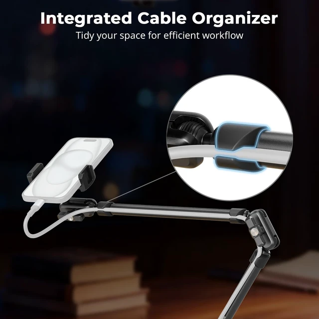Alt view image 2 of 7 - 26" Magic Arm with Super Clamp, Overhead Phone Mount w/Cable Clip Flexible Desk Camera Mount with 1/4" Screw and Cable Clip, Max Load 2.2lb, for iPhone/Action Camera/Video Light/Webcam/Mic