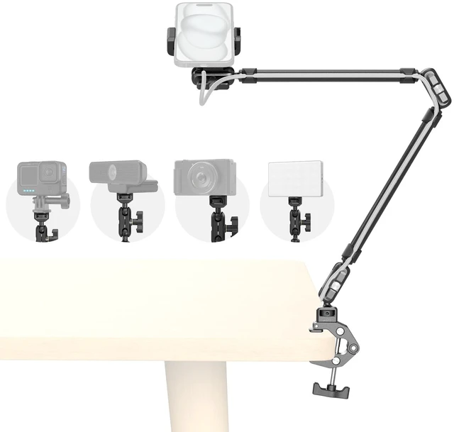 Main image of 26" Magic Arm with Super Clamp, Overhead Phone Mount w/Cable Clip Flexible Desk Camera Mount with 1/4" Screw and Cable Clip, Max Load 2.2lb, for iPhone/Action Camera/Video Light/Webcam/Mic