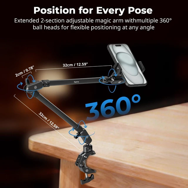 Alt view image 4 of 7 - 26" Magic Arm with Super Clamp, Overhead Phone Mount w/Cable Clip Flexible Desk Camera Mount with 1/4" Screw and Cable Clip, Max Load 2.2lb, for iPhone/Action Camera/Video Light/Webcam/Mic