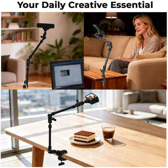 Alt view image 7 of 7 - 26" Magic Arm with Super Clamp, Overhead Phone Mount w/Cable Clip Flexible Desk Camera Mount with 1/4" Screw and Cable Clip, Max Load 2.2lb, for iPhone/Action Camera/Video Light/Webcam/Mic