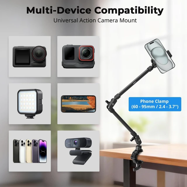 Alt view image 6 of 7 - 26" Magic Arm with Super Clamp, Overhead Phone Mount w/Cable Clip Flexible Desk Camera Mount with 1/4" Screw and Cable Clip, Max Load 2.2lb, for iPhone/Action Camera/Video Light/Webcam/Mic