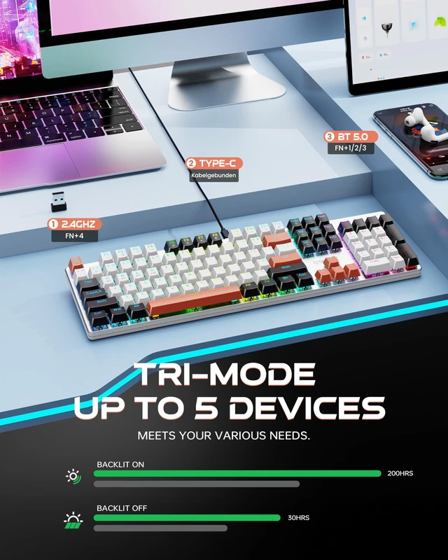 Alt view image 2 of 7 - Wireless Mechanical Gaming Keyboard, Tri Mode BT/2.4G/USB-C Hot Swappable Custom Keyboard, RGB Backlit Computer Gaming Keyboards, PBT Keycaps, Programmable for PC/Tablet,K671WBR-KS