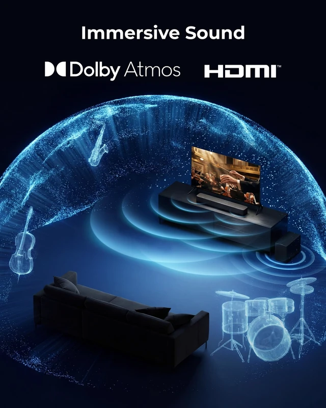 Alt view image 7 of 7 - 2.1 Sound Bar System for TV with Dolby Atmos and Wireless Subwoofer Bluetooth 6.0, 240W Peak, HDMI eARC, VoiceMX Clear Dialogue, BassMX Deep Bass, App Control, TV & Home Theater, Poseidon M40