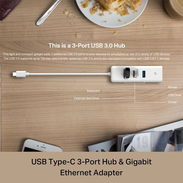 Alt view image 6 of 7 - USB C to Ethernet Adapter, 3-Port USB Hub Laptop Network Adapter 1 Gigabit USB-C 3.0 to RJ45 Ethernet Port Plug & Play Supports Win 7/8/8.1/10/11, Mac OS X (10.9-10.15) (UE330C)