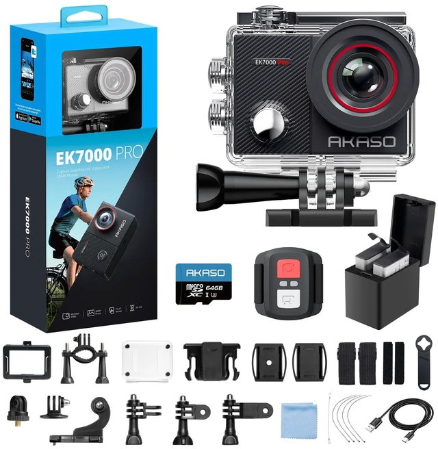 Main image of EK7000 Pro 4K30fps Action Camera with 64GB MicroSDXC U3 Memory Card Accessories Kit Bundle Ultra HD 131FT Waterproof Camera EIS WiFi Remote Control 5X Zoom Underwater Camera
