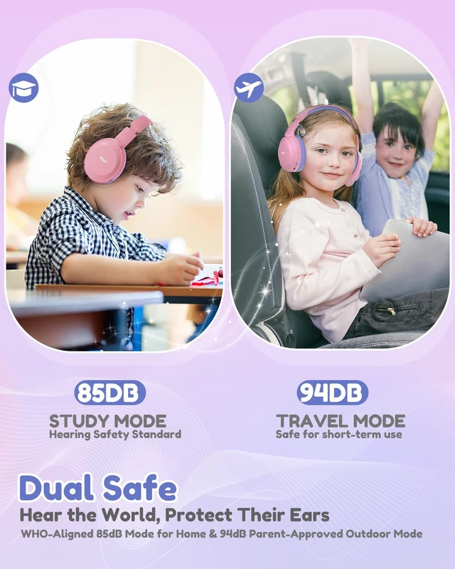 Alt view image 2 of 7 - Kids Bluetooth Headphones, 85/94dB Volume Limiter, Foldable Wireless Over-Ear Headphones for iPad, Travel, 60H Playtime, Bluetooth 6.0, Built-in Mic, Pink Purple