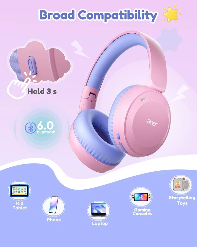 Alt view image 6 of 7 - Kids Bluetooth Headphones, 85/94dB Volume Limiter, Foldable Wireless Over-Ear Headphones for iPad, Travel, 60H Playtime, Bluetooth 6.0, Built-in Mic, Pink Purple