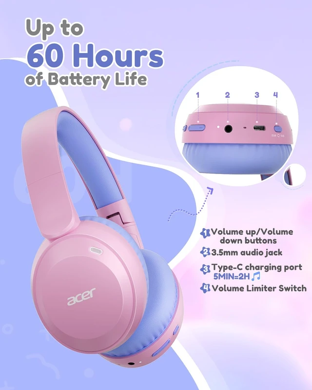 Alt view image 7 of 7 - Kids Bluetooth Headphones, 85/94dB Volume Limiter, Foldable Wireless Over-Ear Headphones for iPad, Travel, 60H Playtime, Bluetooth 6.0, Built-in Mic, Pink Purple