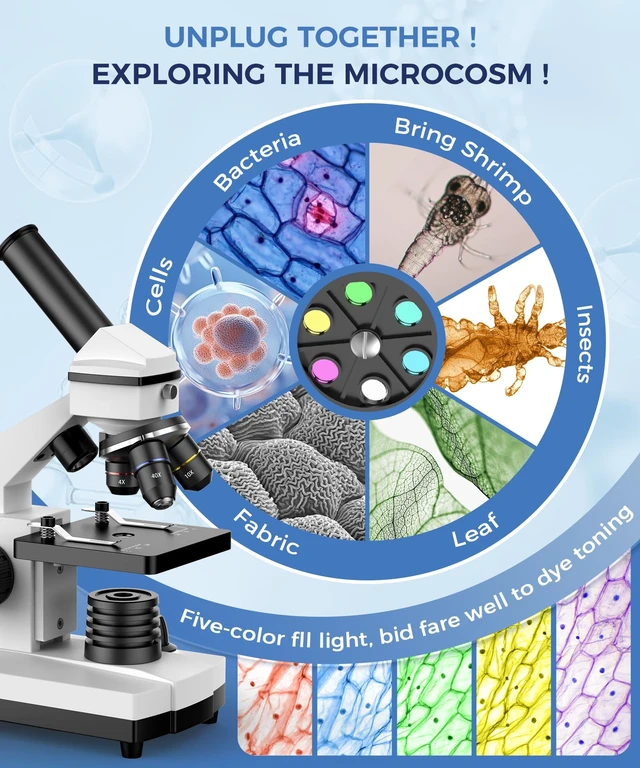 Alt view image 2 of 7 - Compound Microscope for Adults & Students, White 100X-2000X High-Power, Biological Microscope, School Lab & Home Education, with Slides Set & Phone Adapter