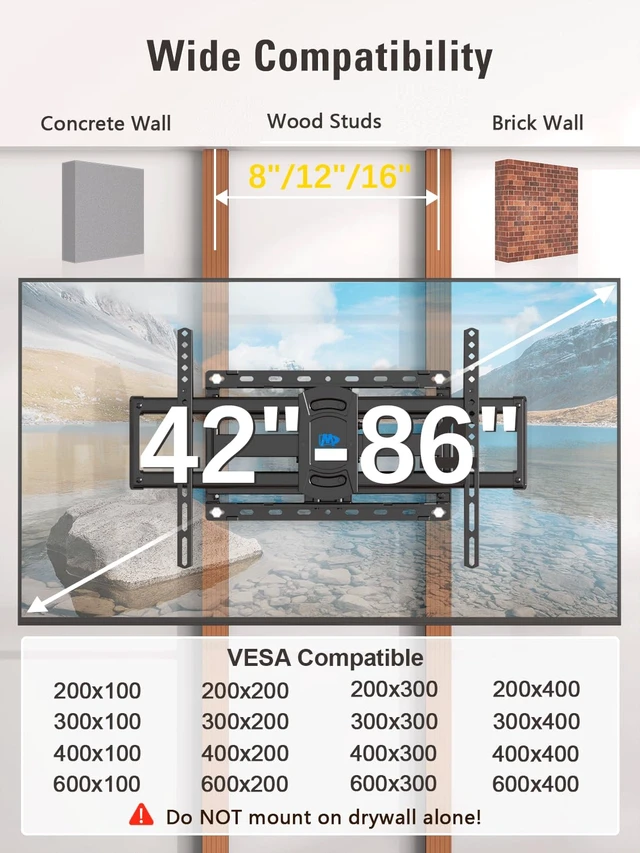 Alt view image 6 of 7 - Outdoor TV Mount Weatherproof TV Wall Mount for 42-86" TVs Full Motion TV Bracket with Swivel and Tilt, Salt Spray Tested, Fits 12"/16" Studs, Holds TV up to 154lbs, Max VESA 600x400mm