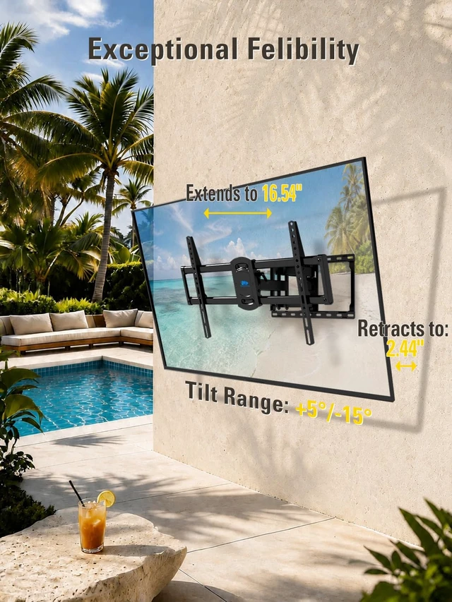 Alt view image 2 of 7 - Outdoor TV Mount Weatherproof TV Wall Mount for 42-86" TVs Full Motion TV Bracket with Swivel and Tilt, Salt Spray Tested, Fits 12"/16" Studs, Holds TV up to 154lbs, Max VESA 600x400mm