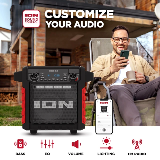Alt view image 5 of 7 - Tailgater Classic Portable Bluetooth Outdoor Speaker, Red Water Resistant, Rechargeable Battery, Radio, USB Charging, Stereo Linking, App Control, for Parties and Outdoor Events