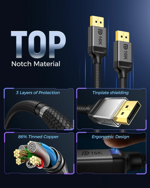 Alt view image 2 of 6 - Long DisplayPort 2.1 Cable 20FT, 54Gbps DP2.1 Cable, 16K@30Hz HDR 8K@120Hz, 4K@240Hz 165Hz 144Hz, HDR, HDCP DSC 1.2a, DP2.1 Cable Compatible DP 1.4 FreeSync G-Sync Gaming Monitor 5090 7900XTX