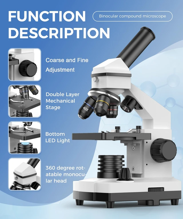 Alt view image 4 of 7 - Compound Microscope for Adults & Students, White 100X-2000X High-Power, Biological Microscope, School Lab & Home Education, with Slides Set & Phone Adapter