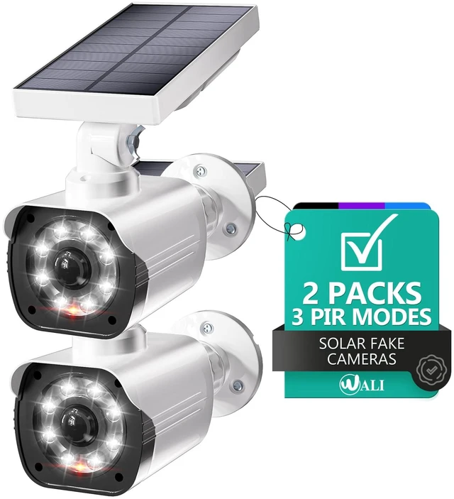 Main image of Solar Powered Fake Camera with Motion Sensor Floodlight, 2 Pack, White Dummy Cameras for Outside, Wireless Simulated Cam, Realistic Look, Larger Solar Panel, Weatherproof, Warning Sticker Included