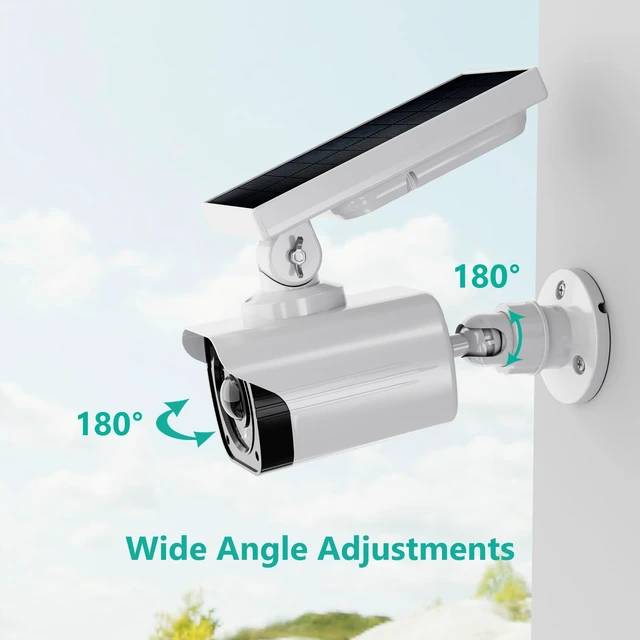 Alt view image 6 of 7 - Solar Powered Fake Camera with Motion Sensor Floodlight, 2 Pack, White Dummy Cameras for Outside, Wireless Simulated Cam, Realistic Look, Larger Solar Panel, Weatherproof, Warning Sticker Included