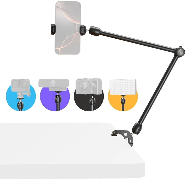 Main image of Desktop Magic Arm Support with Super Clamp Kit, Phone Mount Clamp Aluminum Alloy, 24.3x4.5x1.1 in, 0.6lb Payload, for Smartphones, Webcams, Action Cameras - 5624