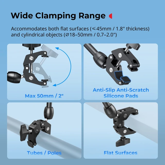Alt view image 4 of 7 - Desktop Magic Arm Support with Super Clamp Kit, Phone Mount Clamp Aluminum Alloy, 24.3x4.5x1.1 in, 0.6lb Payload, for Smartphones, Webcams, Action Cameras - 5624