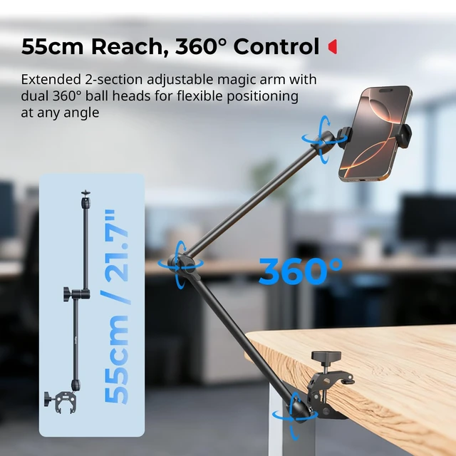 Alt view image 3 of 7 - Desktop Magic Arm Support with Super Clamp Kit, Phone Mount Clamp Aluminum Alloy, 24.3x4.5x1.1 in, 0.6lb Payload, for Smartphones, Webcams, Action Cameras - 5624