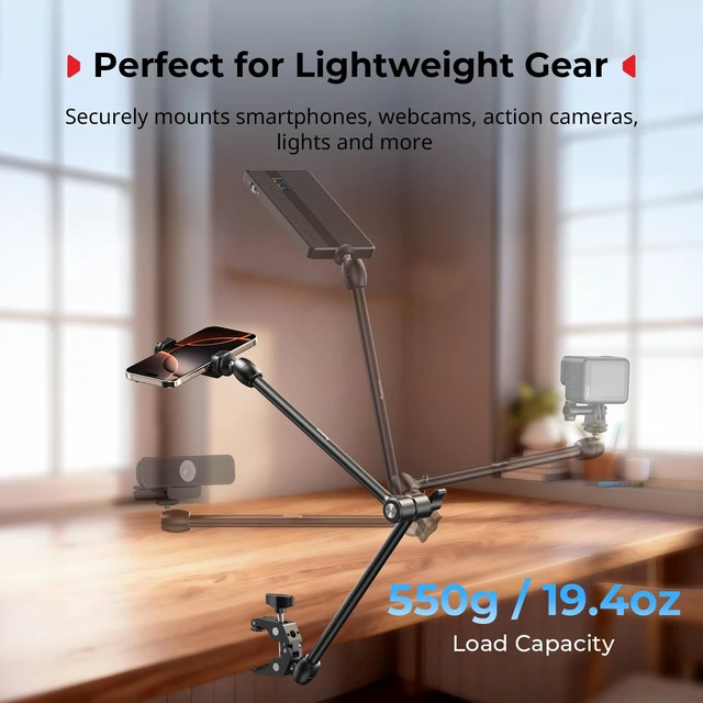 Alt view image 2 of 7 - Desktop Magic Arm Support with Super Clamp Kit, Phone Mount Clamp Aluminum Alloy, 24.3x4.5x1.1 in, 0.6lb Payload, for Smartphones, Webcams, Action Cameras - 5624