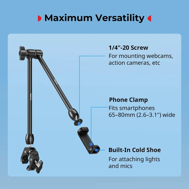 Alt view image 5 of 7 - Desktop Magic Arm Support with Super Clamp Kit, Phone Mount Clamp Aluminum Alloy, 24.3x4.5x1.1 in, 0.6lb Payload, for Smartphones, Webcams, Action Cameras - 5624