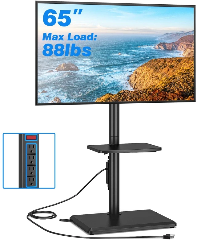 Main image of Swivel Floor TV Stand with Power Outlet for 32-65 inch TVs, Height Adjustable Tall TV Stand with Wood Base, Saving Space Design for Bedroom, Living Room and Corner