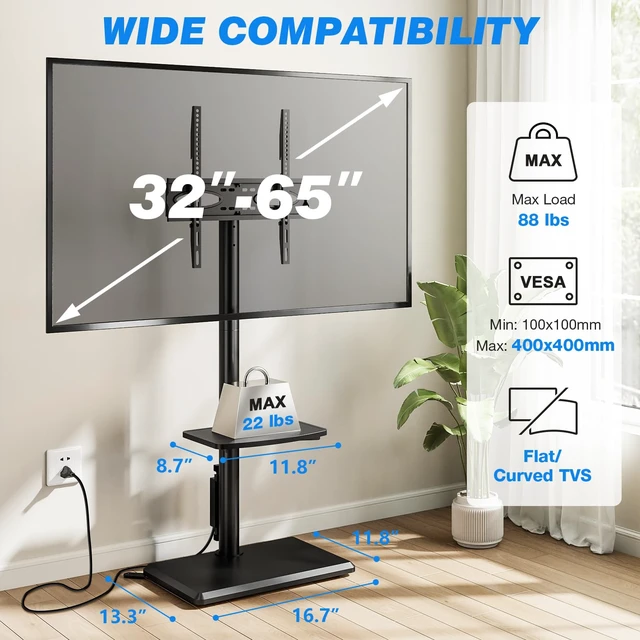 Alt view image 2 of 7 - Swivel Floor TV Stand with Power Outlet for 32-65 inch TVs, Height Adjustable Tall TV Stand with Wood Base, Saving Space Design for Bedroom, Living Room and Corner
