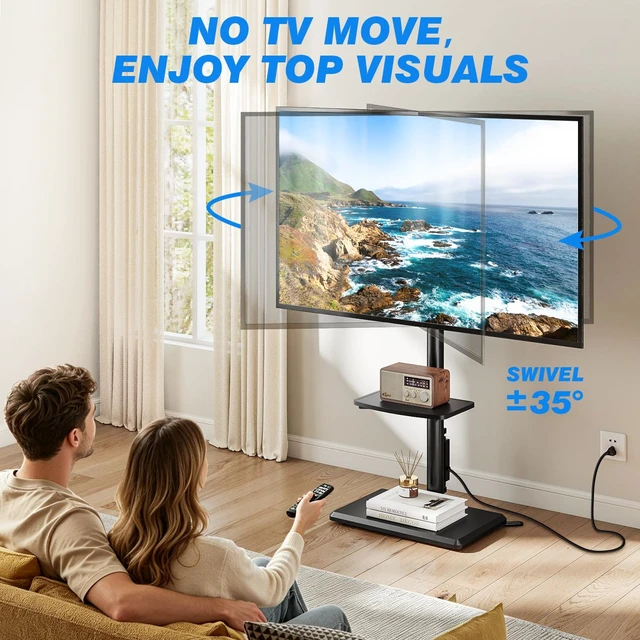 Alt view image 3 of 7 - Swivel Floor TV Stand with Power Outlet for 32-65 inch TVs, Height Adjustable Tall TV Stand with Wood Base, Saving Space Design for Bedroom, Living Room and Corner