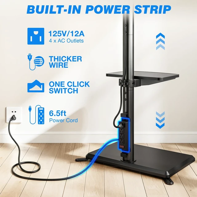 Alt view image 5 of 7 - Swivel Floor TV Stand with Power Outlet for 32-65 inch TVs, Height Adjustable Tall TV Stand with Wood Base, Saving Space Design for Bedroom, Living Room and Corner