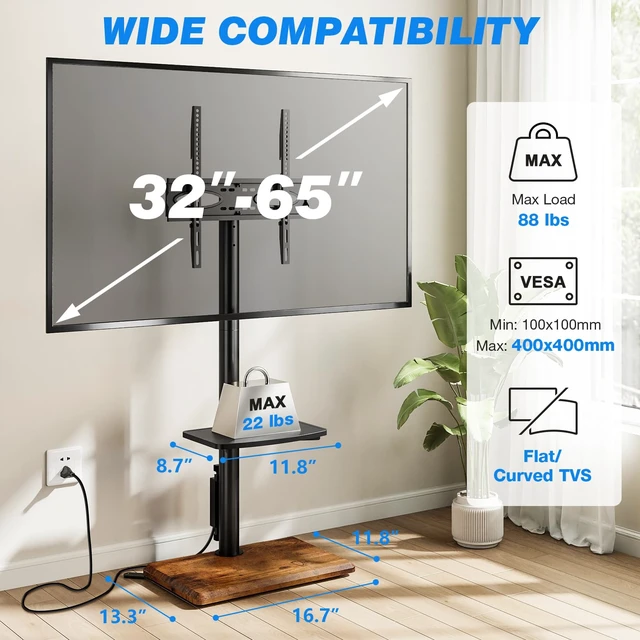 Alt view image 2 of 7 - Floor TV Stand with Power Outlet for 32-65 inch TVs up to 88 lbs, Swivel TV Mount Stand with Height Adjustment and Oak Wood Base for Bedroom, Office, Corner, Max VESA 400x400mm