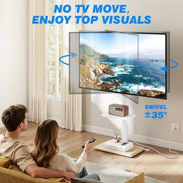Alt view image 3 of 6 - Floor TV Stand with Power Outlet for 32-65 inch TVs up to 88 lbs, Swivel TV Mount Stand with Height Adjustment and Oak Wood Base for Bedroom, Office, Corner, Max VESA 400x400mm