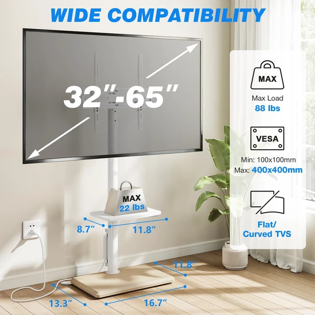 Alt view image 2 of 6 - Floor TV Stand with Power Outlet for 32-65 inch TVs up to 88 lbs, Swivel TV Mount Stand with Height Adjustment and Oak Wood Base for Bedroom, Office, Corner, Max VESA 400x400mm