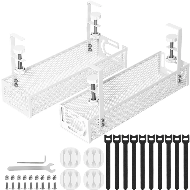 Main image of Cable Management, 2 Pack Cable Management Under Desk, Cable Tray No Drill Under Desk Cable Management Tray, Cord Organizer with Clamp for Standing Desk, Desk Organizer for Home Office