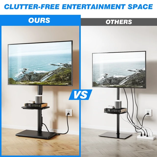 Alt view image 6 of 7 - Swivel Floor TV Stand with Power Outlet for 32-65 inch TVs, Height Adjustable Tall TV Stand with Wood Base, Saving Space Design for Bedroom, Living Room and Corner