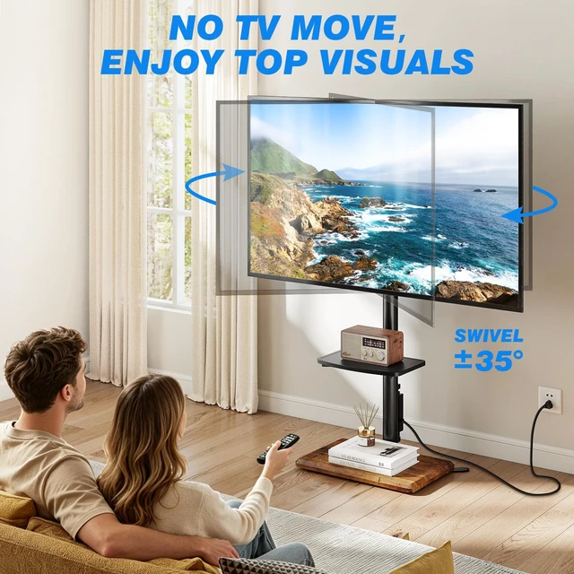 Alt view image 3 of 7 - Floor TV Stand with Power Outlet for 32-65 inch TVs up to 88 lbs, Swivel TV Mount Stand with Height Adjustment and Oak Wood Base for Bedroom, Office, Corner, Max VESA 400x400mm