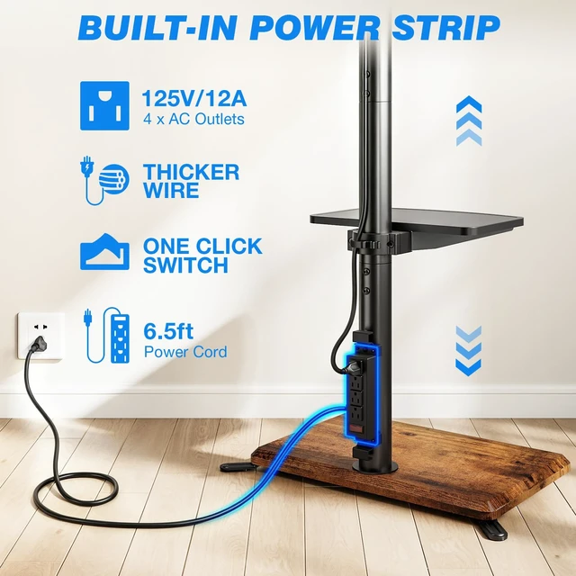 Alt view image 5 of 7 - Floor TV Stand with Power Outlet for 32-65 inch TVs up to 88 lbs, Swivel TV Mount Stand with Height Adjustment and Oak Wood Base for Bedroom, Office, Corner, Max VESA 400x400mm