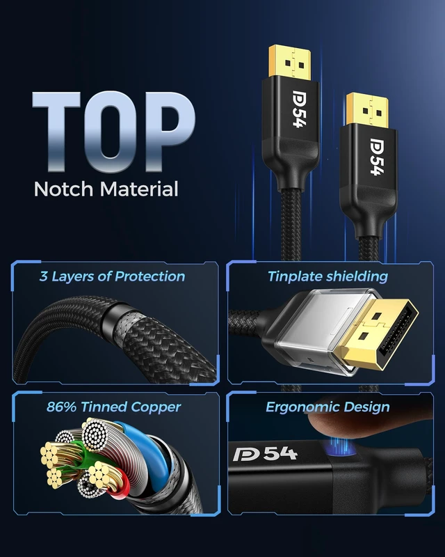 Alt view image 2 of 7 - Long DisplayPort 2.1 Cable 15FT, 54Gbps DP2.1 Cable, 16K@30Hz HDR Black, 8K@120Hz, 4K@240Hz 165Hz, HDCP DSC 1.2a, DP 2.1 Cable Compatible DP 1.4 FreeSync G-Sync Gaming Monitor 5090 7900XTX