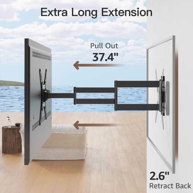 Alt view image 2 of 7 - Outdoor Long Arm TV Mount for 26-65" TVs, 37.4in Extension Max VESA 400x400, Weatherproof full motion TV mount bracket, swivel & tilt, holds up to 77 lbs for outdoor patio use